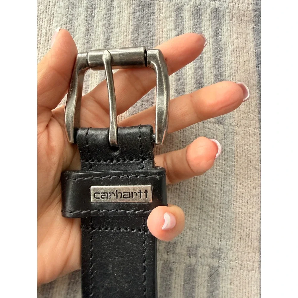 Carhartt Mens Black Full Grain Leather Belt Logo Buckle Workwear Size 42 2201-01